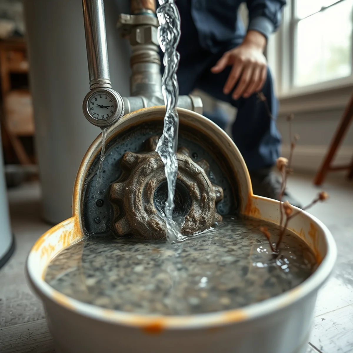 Sediment and scale flushed from the bottom of a water heater tank