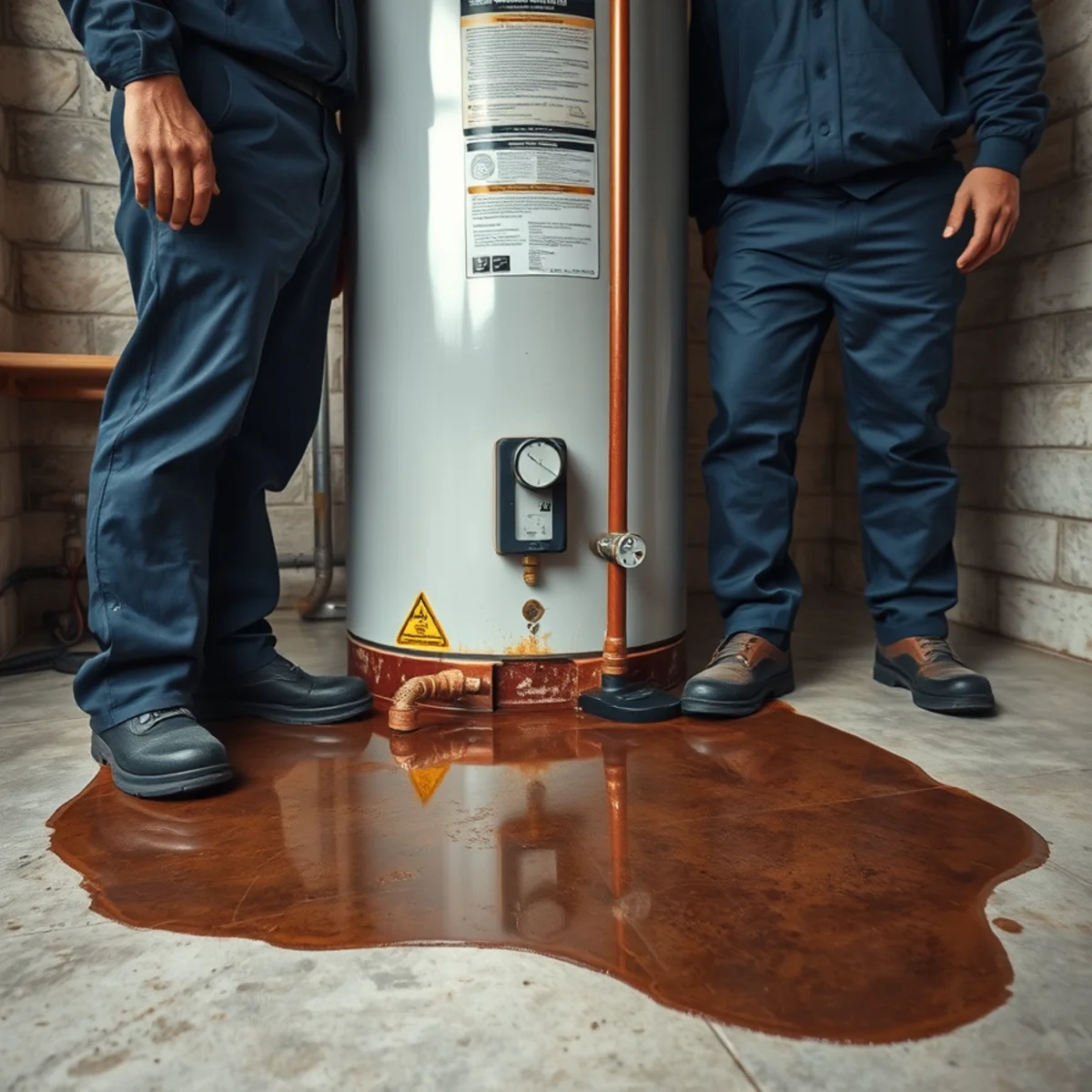 Water pooling around a failed, leaking water heater tank in a basement