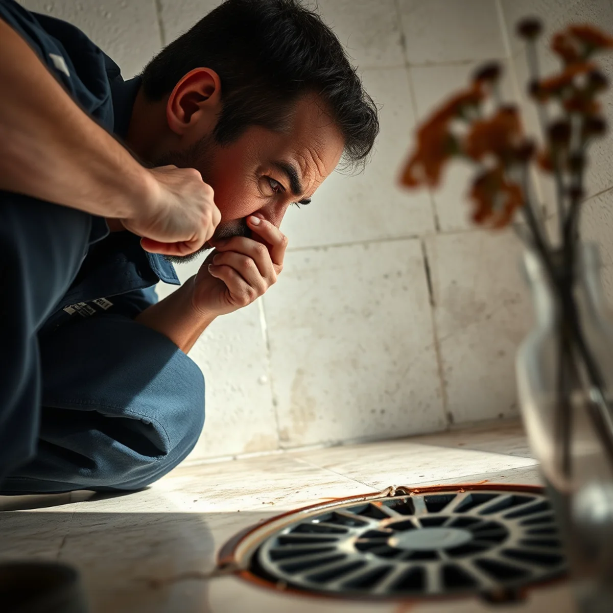 A homeowner noticing a persistent sewer smell near a basement floor drain