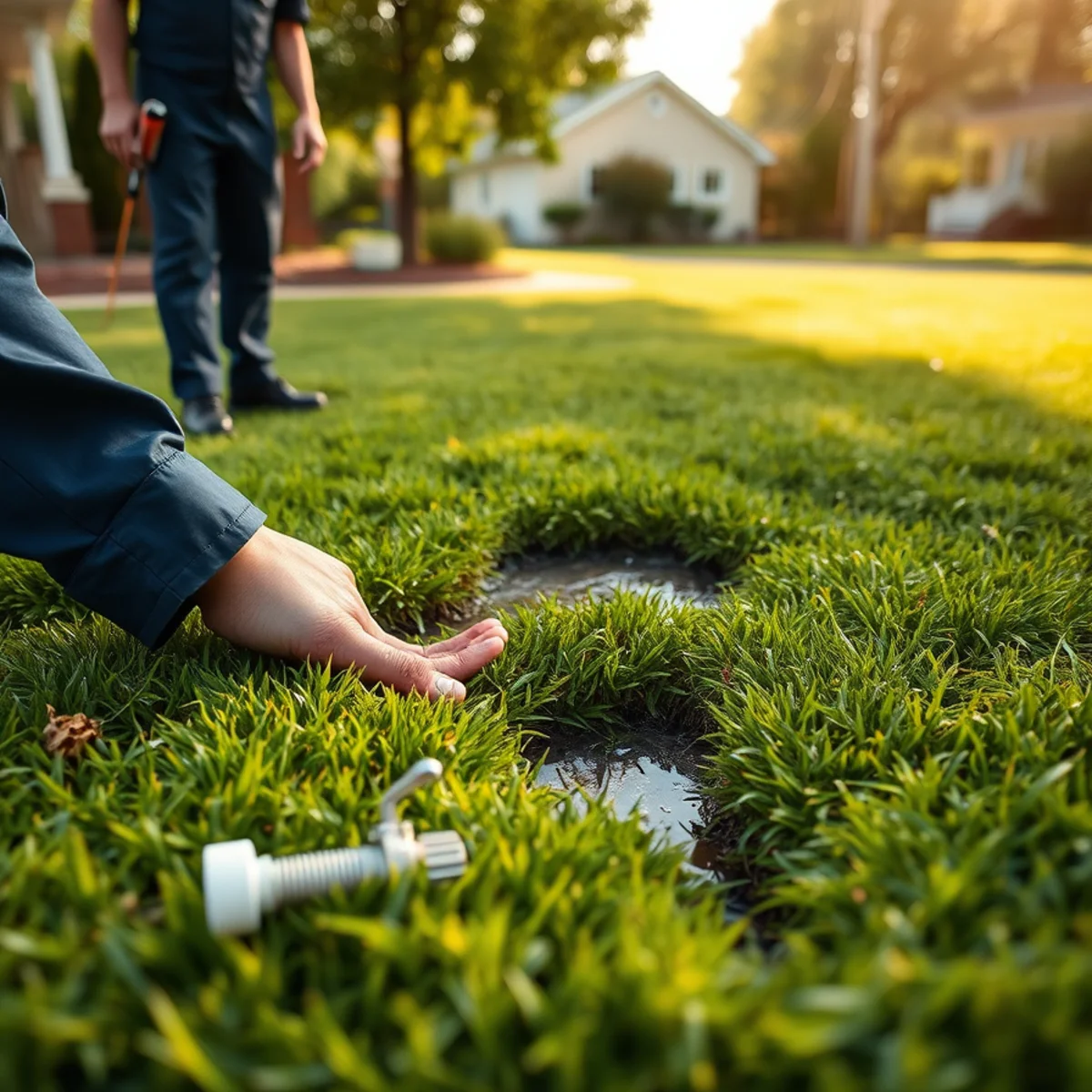 Soggy, sunken patches in a yard above a failing sewer line in Herkimer, NY