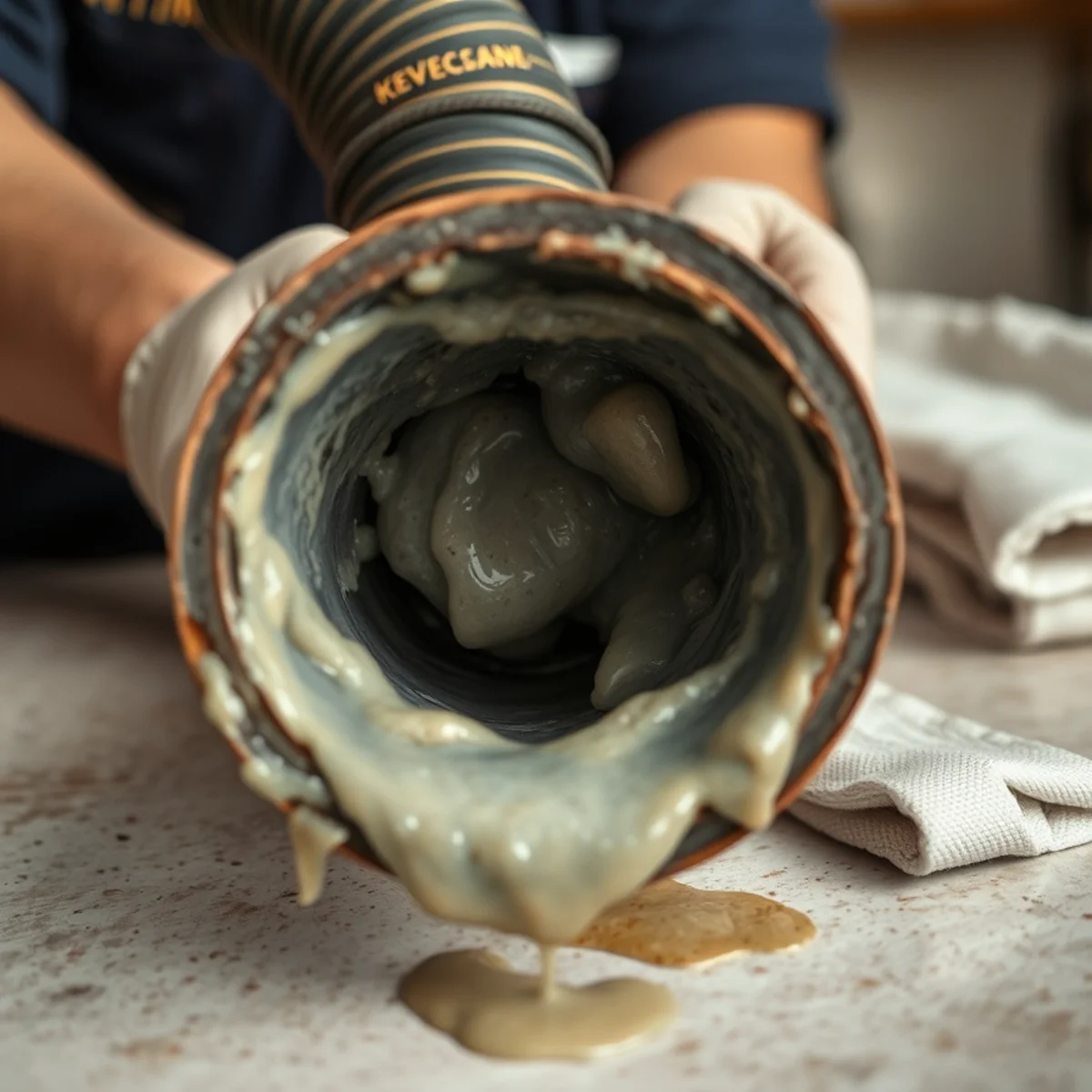 Congealed grease and cooking fat coating the inside of a kitchen drain pipe in a Herkimer, NY home