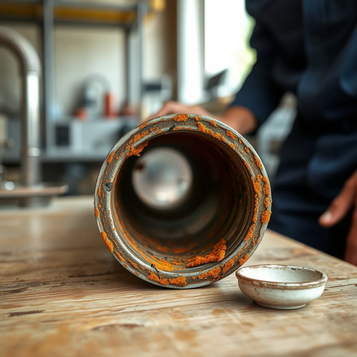 Mineral scale and corrosion narrowing an old galvanized steel pipe, cut cross-section