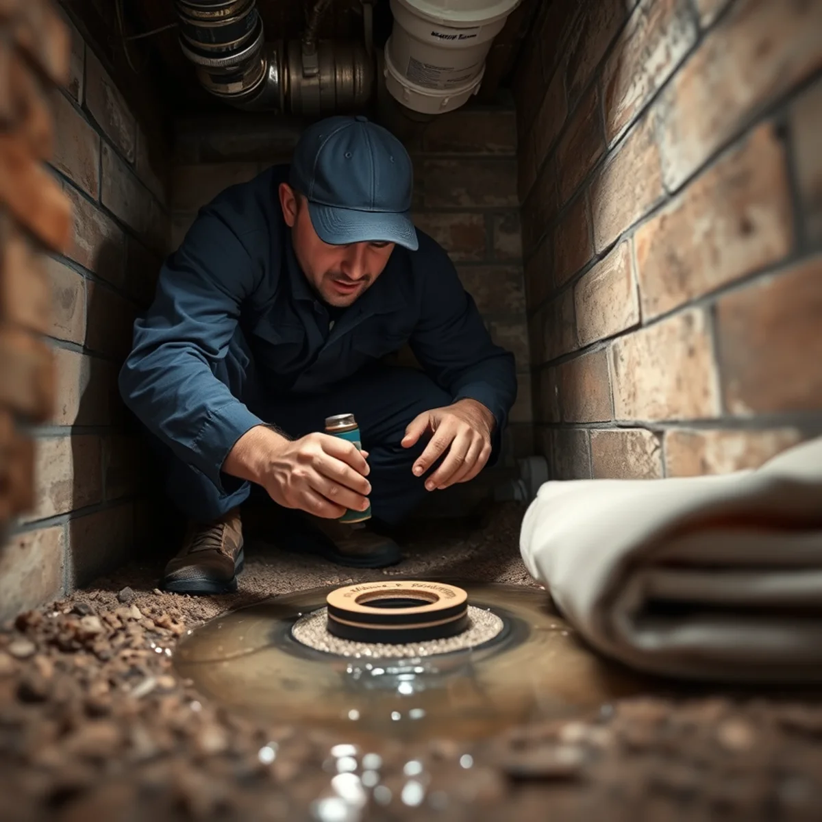 A plumber inspecting a blocked main sewer line cleanout at a Herkimer, NY home