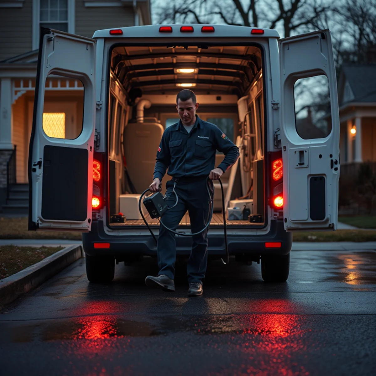 Roto Drains emergency plumber loading equipment from the branded van on a call in Herkimer, NY