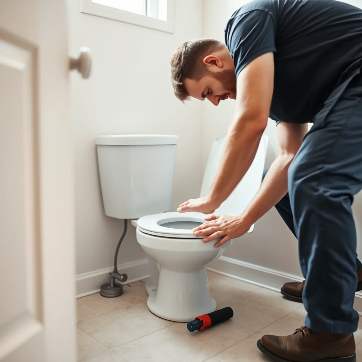 Roto Drains plumber installing a new toilet in a Herkimer, NY bathroom