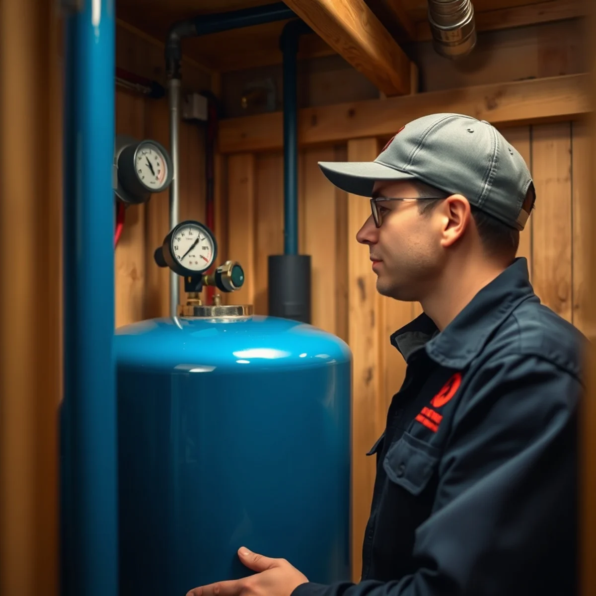 Roto Drains technician servicing a well pump and pressure tank at a rural Herkimer County, NY home